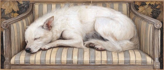 This detailed painting captures a serene moment of a fluffy white canine resting comfortably on a vintage upholstered chair, evoking a sense of tranquility and domestic comfort