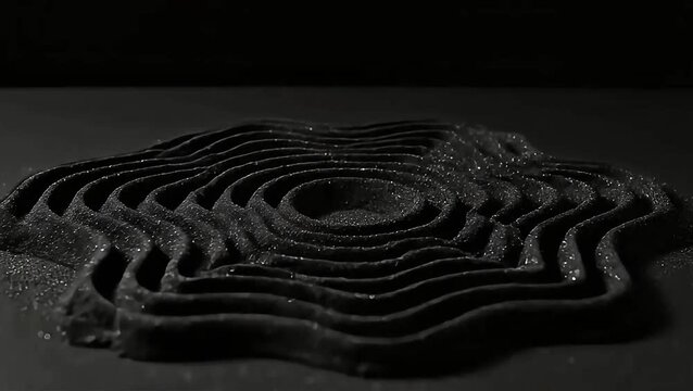 Captivating monochromatic abstract pattern of concentric ripples formed by dark granular material, creating a textured, topographic landscape that evokes a sense of meditative tranquility