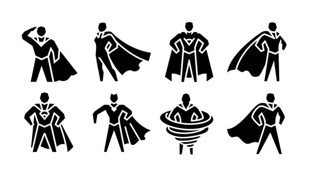 Bold superhero silhouettes in dynamic poses on white background