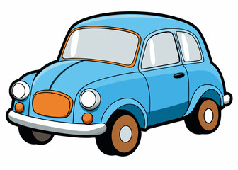 Charming blue cartoon car with vintage design, round headlights, and classic features on white background for children's illustration