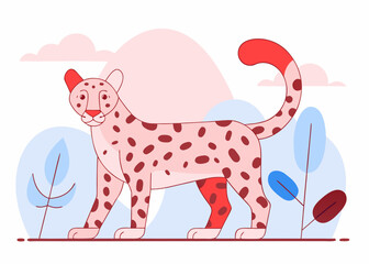 Fototapeta premium Stylized abstract leopard with red spots and curved tail walking in minimalist nature setting