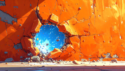 orange wall bursting open to reveal a blue glow