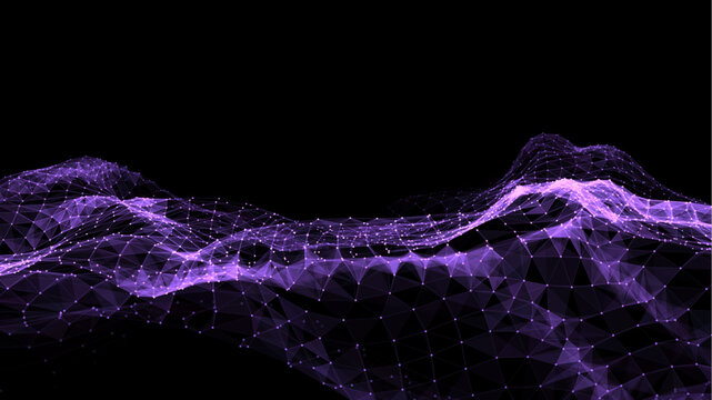 Vector purple wave with motion dots and lines. Abstract digital background. Concept connection big data. Futuristic technology backdrop.