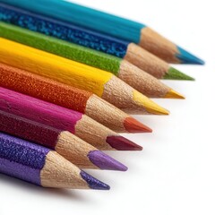 Fototapeta premium Different colors of colored pencils arranged in a row on a white background during daylight