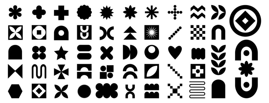 Abstract shape. Geometric icon. Brutalism element. Figure flower, black silhouette circle and squares, star spark. Simple graphic. Basic symbol, stamps shape. Vector tidy minimalism isolated flat set