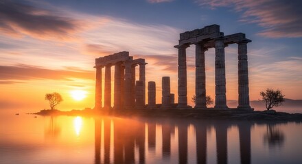 Fototapeta premium Ancient Ruins at Sunrise. Concept featuring ancient ruins, sunrise, columns, reflection, water.