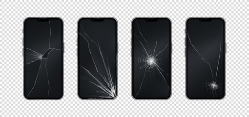 Obraz na płótnie Canvas Phone with broken glass. Mobile cellular device. Realistic screen crack. Smartphone repair service. Plexiglass display fix. Electronic gadget. 3D telephone touchscreen. Vector damaged cellphone set