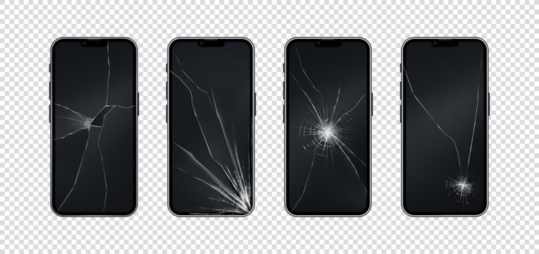 Phone with broken glass. Mobile cellular device. Realistic screen crack. Smartphone repair service. Plexiglass display fix. Electronic gadget. 3D telephone touchscreen. Vector damaged cellphone set