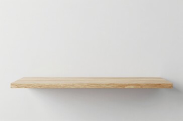 Minimalist Wooden Shelf on White Wall, Ideal for Product Mockups and Interior Design Visualizations