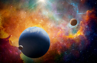 Collage of outer space featuring planet Earth in the foreground with visible atmosphere, the Moon nearby and Mars in the distance. Colorful nebula, stars.  Elements of this image furnished by NASA.