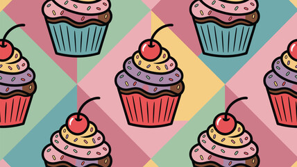Colorful cupcakes with cherries on top in a vibrant geometric pattern