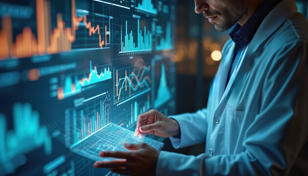 Doctor studies financial charts on digital screen. Medical professional analyzes data, planning business growth with tech tools. Healthcare expert reviews charts for economic strategy. Doctor works
