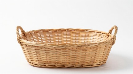Fototapeta premium Empty Wicker Basket: Rustic Container for Storage, Display, or Decorative Purposes on White Background