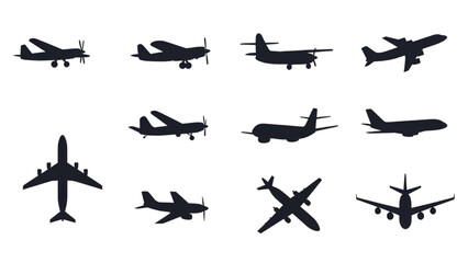 Collection of various aircraft silhouettes displayed from multiple viewpoints and angles in a grid layout © Stock Image Paradise