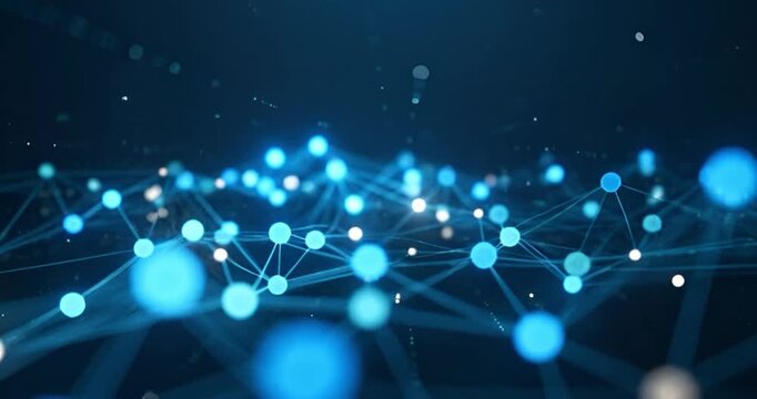 Abstract AI Data Network Horizon with Glowing Blue Nodes and Depth of Field