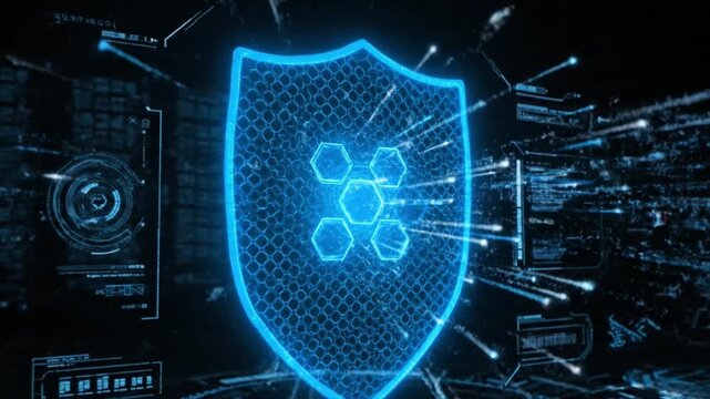 Advanced digital shield protecting data with artificial intelligence and cutting-edge AI technology in a secure network environment, symbolizing robust cybersecurity defense and futuristic innovation