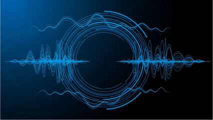 Sound wave visualization illustrating audio signal processing in a dark environment from a front viewpoint