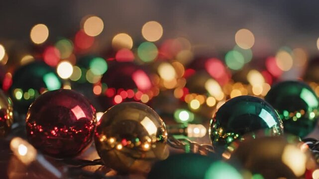 Festive Christmas baubles in red, green and gold colors with a blurred bokeh effect from string lights.