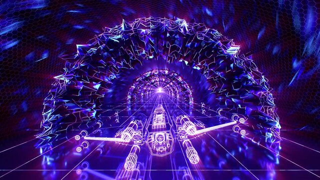 A retro-style spaceship moves through a neon space tunnel with glass abstract shapes moves in seamless VJ loop.