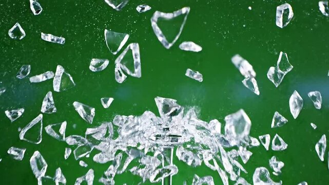 Crushed Glass Shards Floating in Green Liquid, Abstract Splinter Scatter with Glossy Highlights