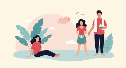 Fototapeta premium Illustration of Three People Relaxing Together.