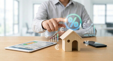 Financial planning for real estate investment with house model and percentage growth graph.