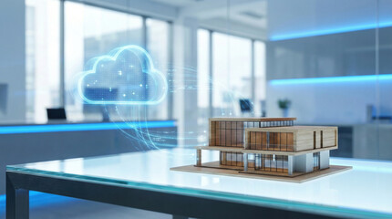 Modern architectural house model with cloud computing and digital technology integration.