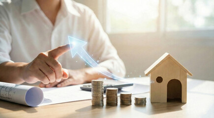 Businessman selecting property investment with glowing digital interface and house model.
