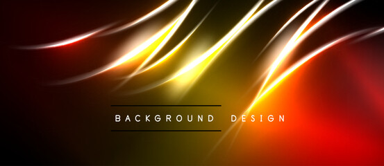 Naklejka premium Abstract design features vibrant orange, yellow curves against black backdrop. Text reads background design. Modern, dynamic visual presentation.