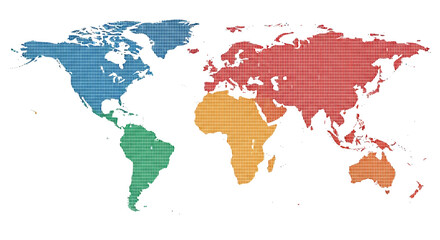 Obraz premium Digital Pixelated World Map Vector Illustration. Global Geography Divided by Continent in Bright Colors with Modern Grid Pattern for Data Visualization.