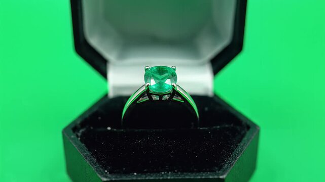 A luxurious emerald ring displayed in an open black jewelry box on a green background