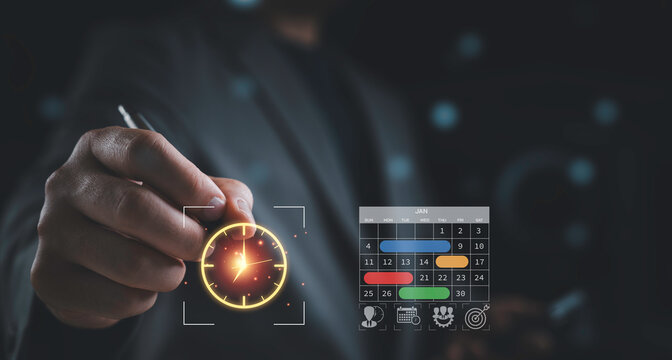 Business professional using virtual clock and digital calendar interface for time management, project scheduling and deadline planning. Smart business workflow and productivity optimization concept.