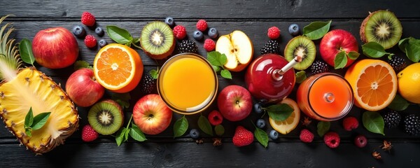 Fototapeta premium Assorted fresh fruits like pineapple, apples, oranges, kiwi, berries arranged with glasses of juice on dark wooden surface. Vibrant display offers healthy refreshment, natural goodness for nutritious