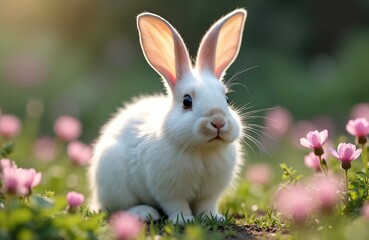 White fluffy bunny sits in a garden amongst small pink flowers. Soft sunlight illuminates its fur. This cute small mammal is ready for Easter celebrations.