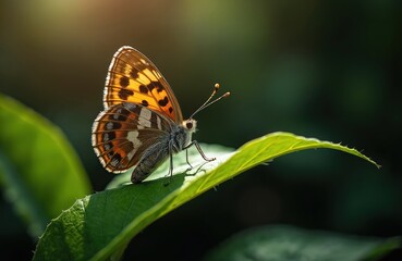Obraz premium Speckled wood butterfly rests on green leaf edge in UK sunlight. Orange brown insect wings have dark spots. Small creature waits on plant. Wild nature scene close up.