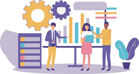 Obraz premium Three coworkers discussing business strategy with charts and graphs in a modern office setting