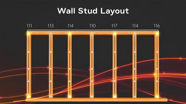 Wall Stud Layout. Wall Stud Layout. Diagram showing equal spacing of studs with numbers above, abstract glowing lines emphasizing rhythm and structure. Modern