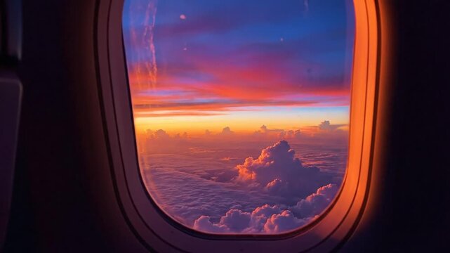 Stunning sunset view through airplane window showing vibrant colors above cloud layers during flight
