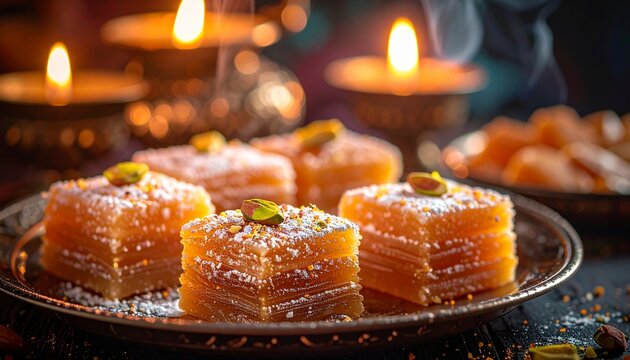 Delicious kunafa dessert plated with pistachio garnish and warm glow