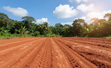Cultivated Red Soil Field Under Blue Sky and White Clouds Ready for Planting in Summer