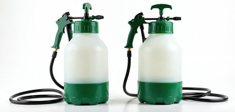 Two garden sprayers with green handles and tops sit side by side. Translucent white plastic tanks connect to black coiled hoses. These pump sprayers are ready for garden pest control or lawn care.