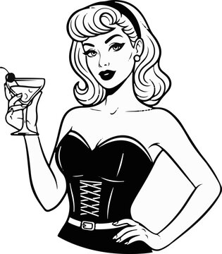 A stylized black and white drawing of a woman holding a cocktail