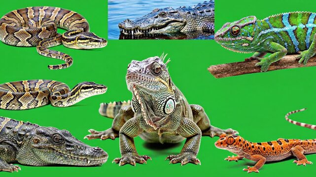 A vibrant collage showcases various reptile species including snakes crocodiles chameleons and iguanas against a green backdrop high quality