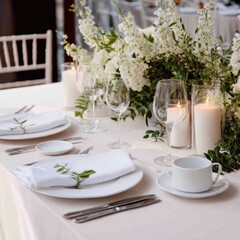 Fototapeta premium Elegant table setting with white flowers, candles, and dinnerware