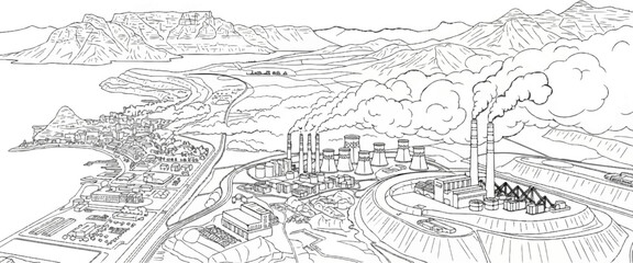 Fototapeta premium An industrial landscape with a city, a power plant, and mountains