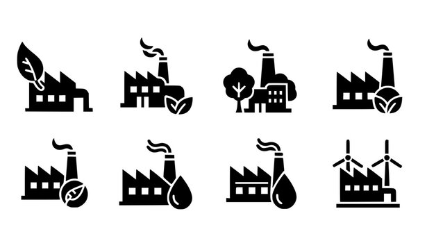 Eco factory glyph icon set vector sustainable industry symbols isolated on transparent background