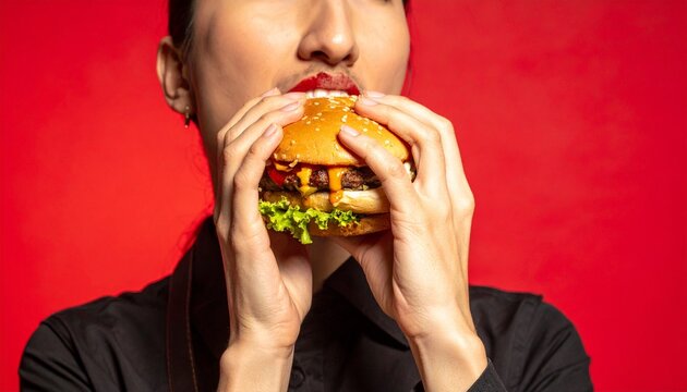 Woman eating a hamburger on red background.