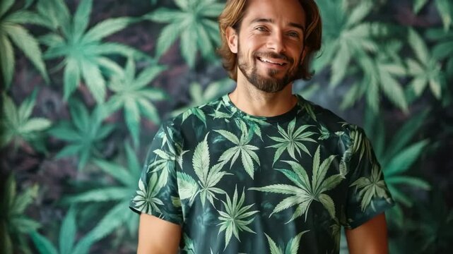 Handsome happy man with a beard standing in front of a marijuana leaf patterned background