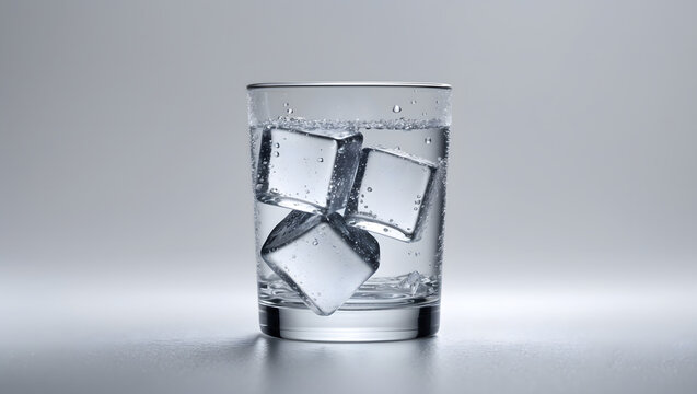 Minimalist transparent glass of water with ice cubes refreshing cold drink on white background