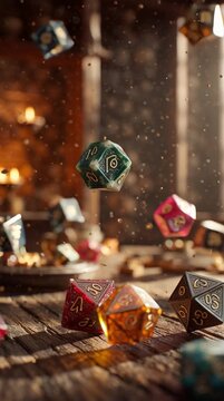 hyperrealistic medieval fantasy scene, vertical frame, colorful role-playing game dice d20, d12, d10, d8, d6, d4 falling from above in slow motion onto a wooden gaming table, dramatic impact